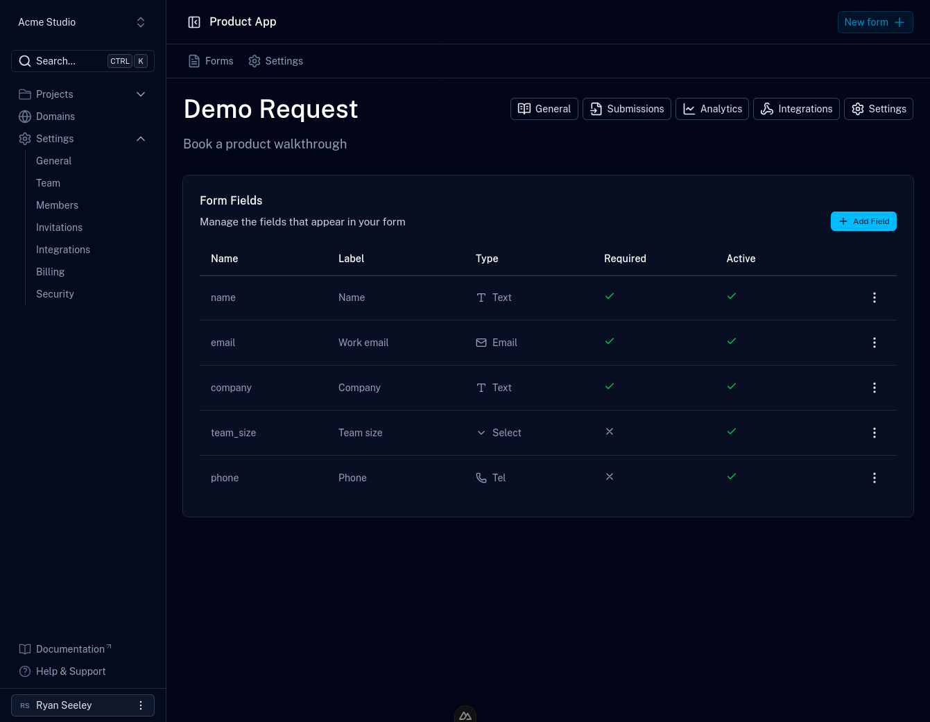 A form's fields in the Formiary dashboard, with name, label, type, and required settings for each field
